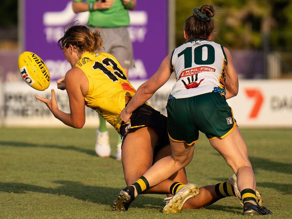 PINT captain Reni Hicks tackling Nightcliff's Fleur Davies during Round 7 of the NTFL, 2024. Picture: Jack Riddiford / AFLNT Media.