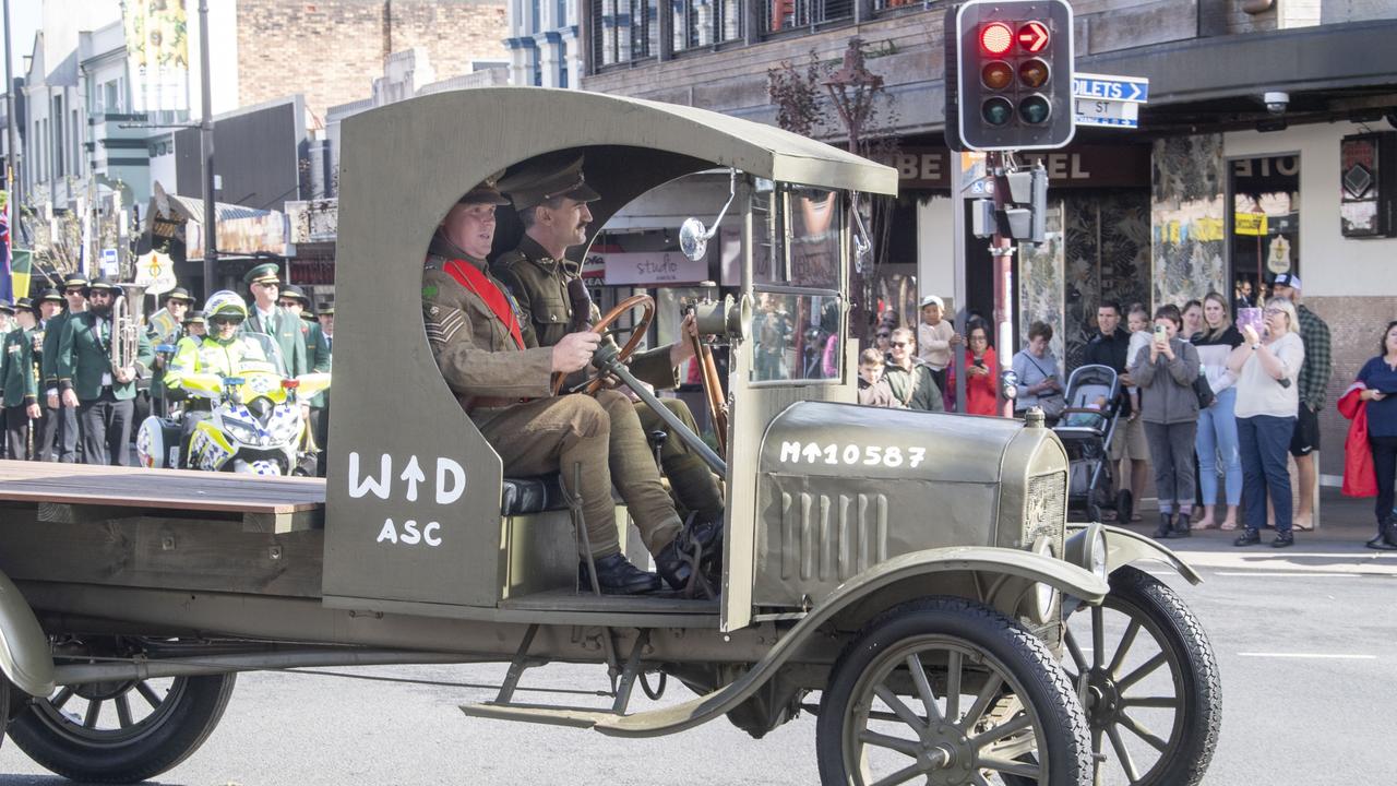 Ed Keller drives his WW1 Model T Ford truck. Only one in Australia and one of four in the world. Assembly in Neil St for the mid morning parade on ANZAC DAY. Tuesday, April 25, 2023. Picture: Nev Madsen.