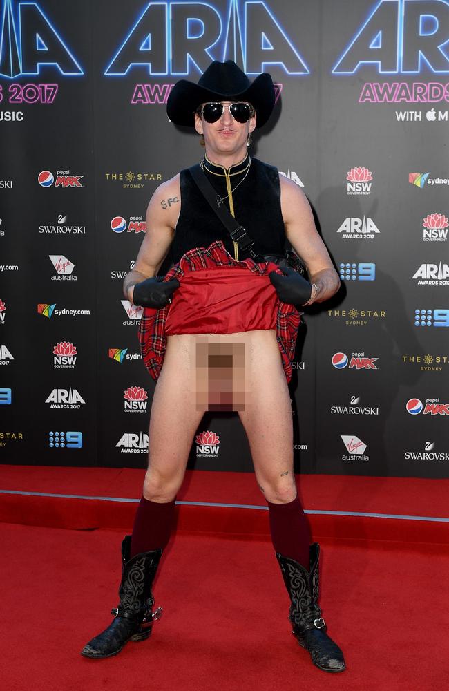 That’s what happened to Kirin J. Callinan - the Aussie muso ended up in court for this full-frontal flash at the 2017 ARIAs. Picture: AAP Image/Dan Himbrechts