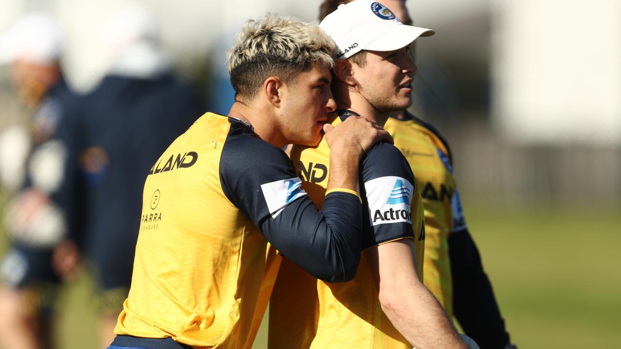 Mitchell Moses and Dylan Brown of the Eels look on during a Parramatta Eels training session at Kellyville Park in Sydney, Monday, June 1, 2020. (AAP Image/Brendon Thorne) NO ARCHIVING