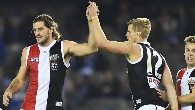 Josh Bruce and Nick Riewoldt celebrate a goal for St Kilda.