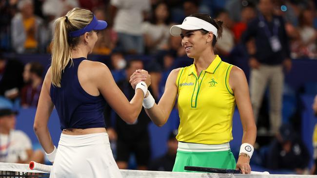 Ajla Tomljanovic of Australia congratulates Katie Boulter. Photo by Will Russell/Getty Images.