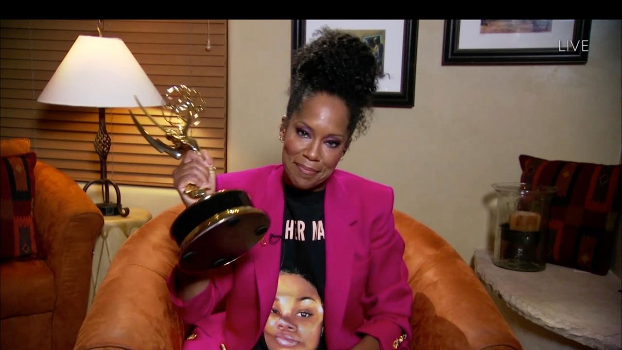 Regina King, wearing a Breonna Taylor shirt, took out the Emmy for Outstanding Lead Actress In A Limited Series Or Movie for Watchmen. Picture: AFP