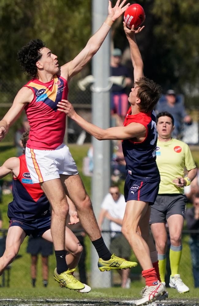 Sam Grant (left) rucking for Old Scotch in last year’s VAFA Premier grand final. Picture: Valeriu Campan