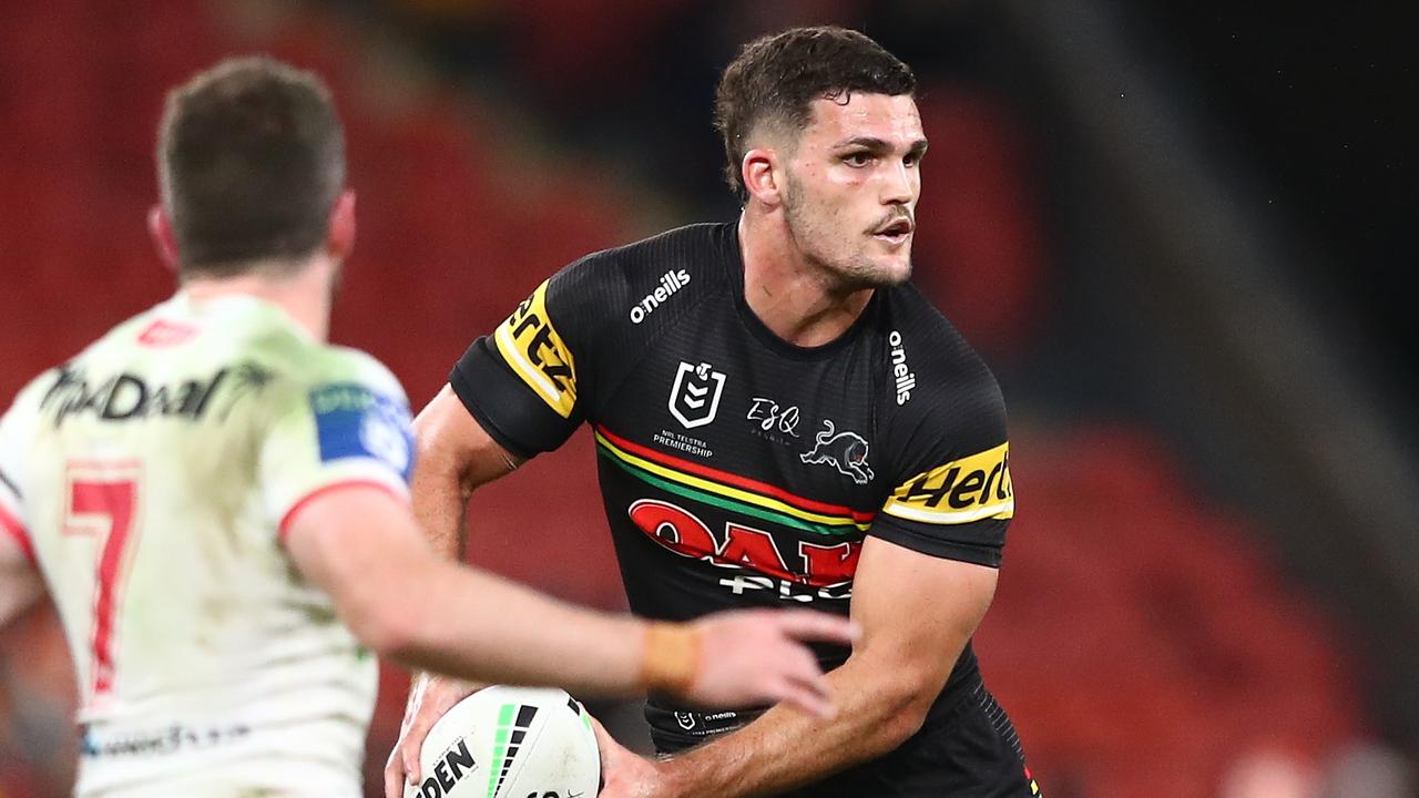 BRISBANE, AUSTRALIA - AUGUST 13: Nathan Cleary of the Panther passes during the round 22 NRL match between the St George Illawarra Dragons and the Penrith Panthers at Suncorp Stadium, on August 13, 2021, in Brisbane, Australia. (Photo by Chris Hyde/Getty Images)
