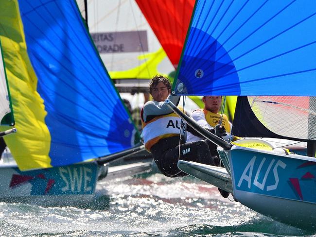 Iain Jensen and Nathan Outteridge racing to their gold medal at the London 2012 Olympic Games.