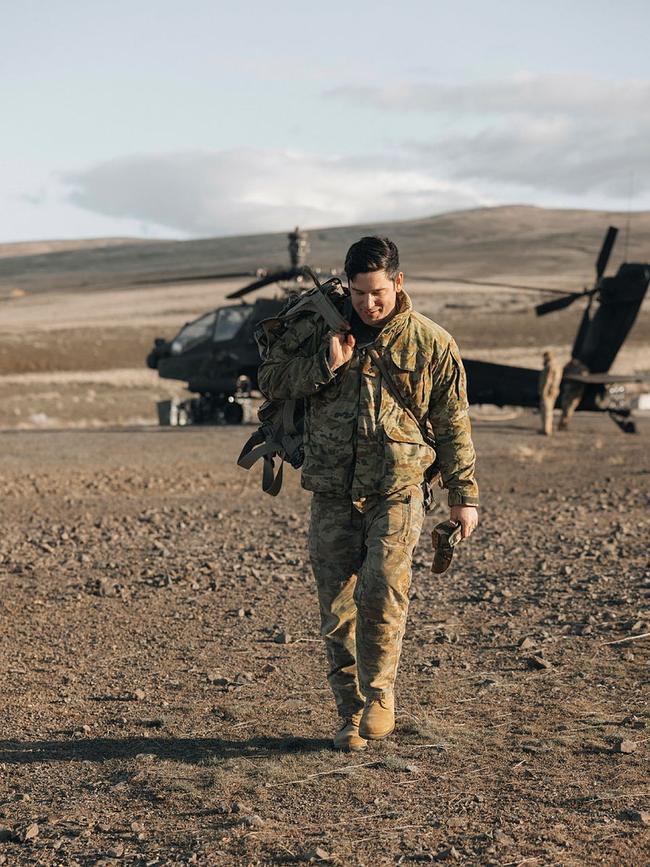 Australian Army pilot, Captain A, in a United States Army AH-64E Apache while on exchange with the 16th Combat Aviation Brigade in Washington in March. Picture: SSG Cayce Watson