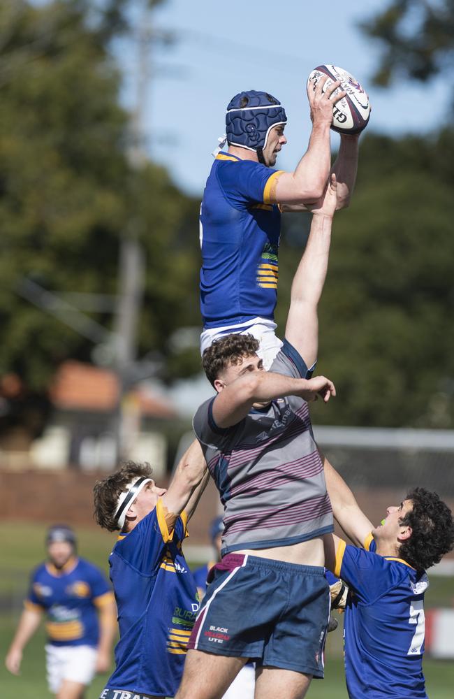 Ethan Crothers gets possession for Dalby Wheatman against Toowoomba Bears in Downs Rugby B grade Bill Flamsteed Cup round 11 rugby union at Toowoomba Sports Ground, Saturday, July 13, 2024. Picture: Kevin Farmer