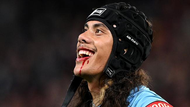 BRISBANE, AUSTRALIA - JUNE 21: Jarome Luai of the Blues reacts after been sent off for head butting Reece Walsh of the Maroons during game two of the State of Origin series between the Queensland Maroons and the New South Wales Blues at Suncorp Stadium on June 21, 2023 in Brisbane, Australia. (Photo by Bradley Kanaris/Getty Images)