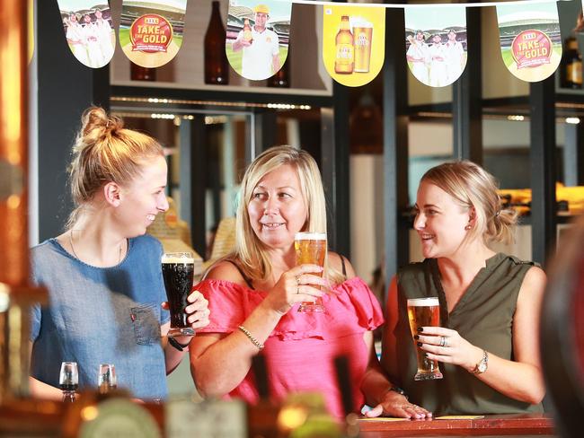 Cassi Forbes, Lydia Williams and Amanda Fenner at The Alehouse at the XXXX Brewery in Milton, Brisbane. Picture: AAP/Claudia Baxter