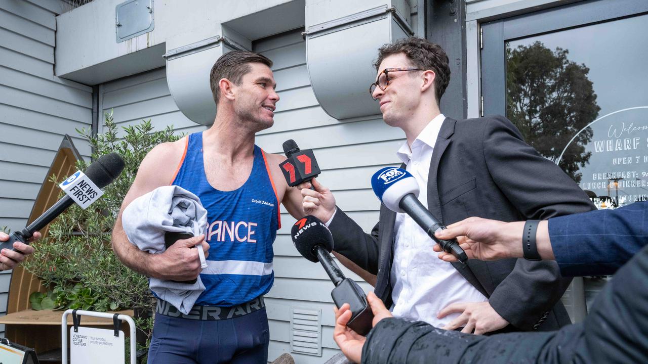 Tom Hawkins interviewed by Max Holmes dressed as 7News reporter Mitch Cleary. Picture: Brad Fleet