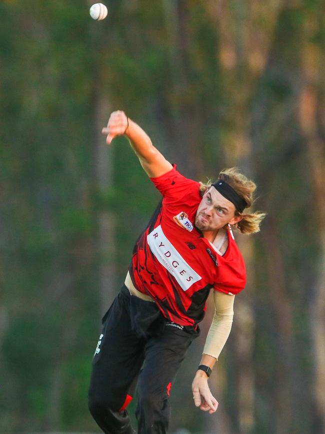 Corey Rocchiccioli gives the ball plenty of air on his way to taking an impressive 1-23 from his four overs in Desert Blaze’s seven-wicket win over City Cyclones. Picture: Glenn Campbell