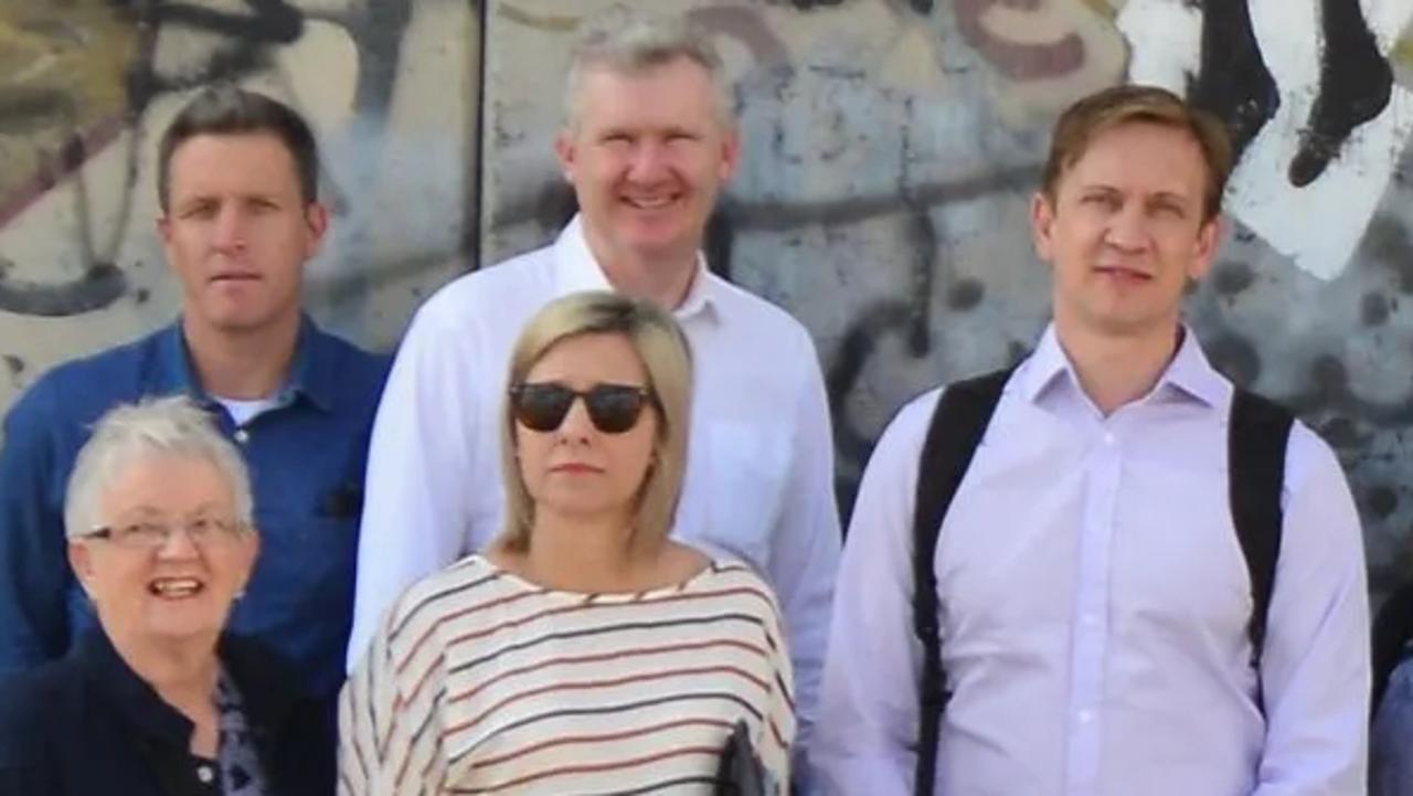 NETWORK SPECIAL.  MUST TALK WITH NETWORK PIC DESK BEFORE PUBLISHING.    Palestine study tours .   From left Josh Wilson (dark blue shirt), Tony Burke, Julian Hill and then Susan Templeman is in the middle wearing a blue shirt on an APAN study tour.