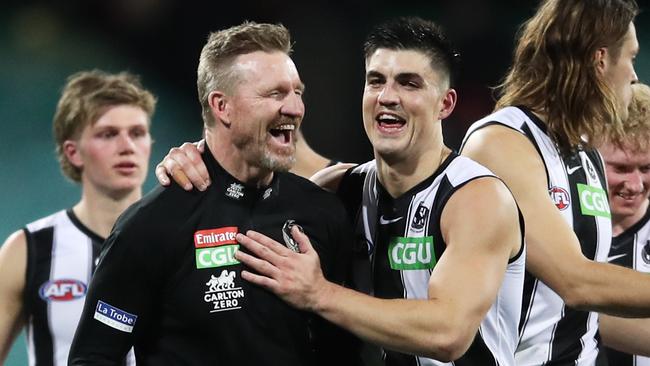 Nathan Buckley celebrates victory with Brayden Maynard at the SCG. Picture: Matt King/Getty Images