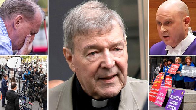 George Pell (centre) has been sentenced to six years' jail on child sex abuse offences. Judge Peter Kidd (top right) handed down the sentence today as Pell supporters (top left), media (bottom left) and victim support group members (bottom right) watched on from outside the court.