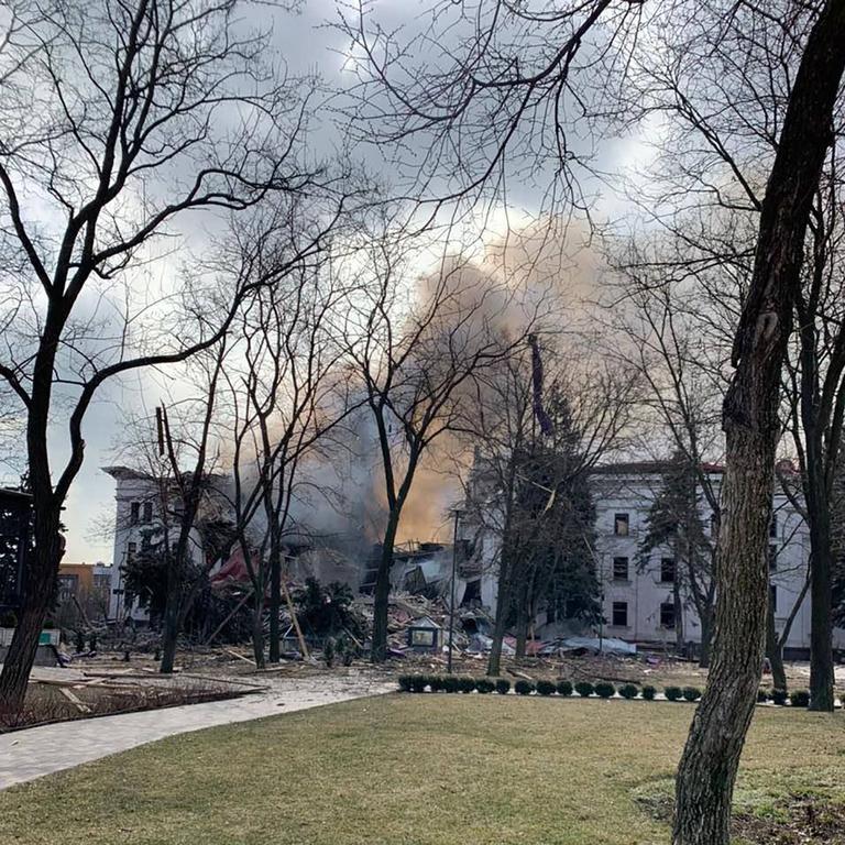 This handout picture published on the Telegram account of the governor of the eastern region Donetsk Pavlo Kirilenko on March 16, 2022, shows the Drama Theatre destroyed by shelling in Mariupol. Picture: Handout / TELEGRAM / pavlokyrylenko_donoda / AFP