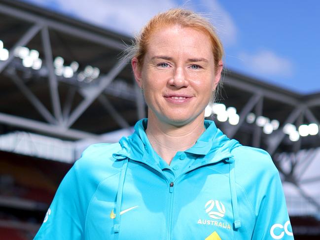 Clare Polkinghorne, the retiring Australian soccer player, at the MatidaÃs press conference before the game against Brazil, at Suncorp Stadium, Milton, Brisbane - on Wednesday 27th November 2024 - Photo Steve Pohlner