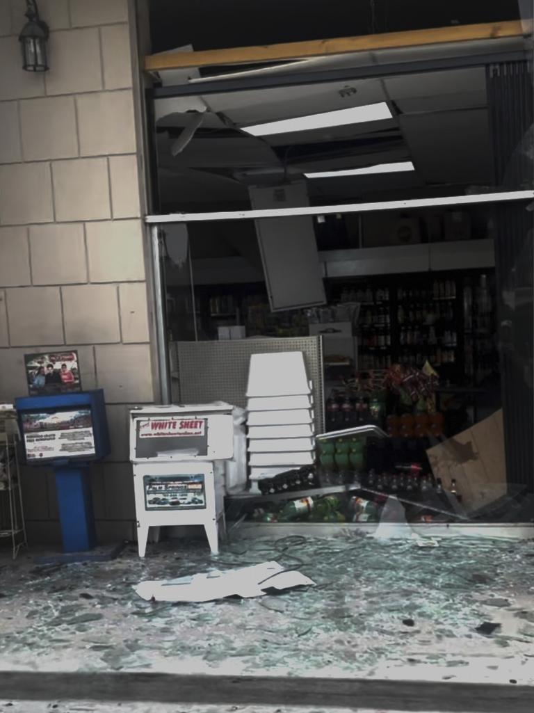 This image provided by Nima Tabrizi shows glass and debris on the ground after an explosion at Palm Springs, Calif., on Saturday, May 17, 2025. (Nima Tabrizi via AP)