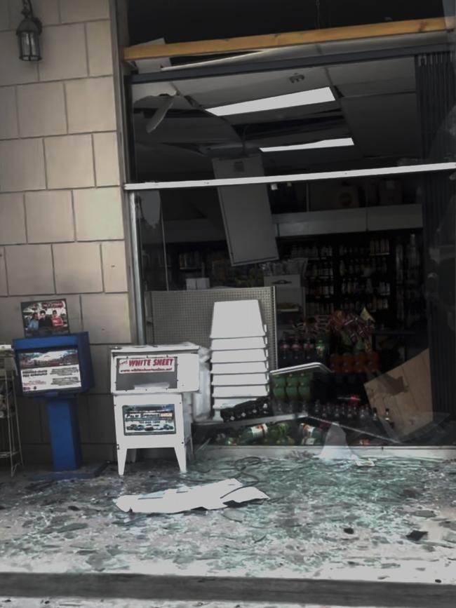 This image provided by Nima Tabrizi shows glass and debris on the ground after an explosion at Palm Springs, Calif., on Saturday, May 17, 2025. (Nima Tabrizi via AP)