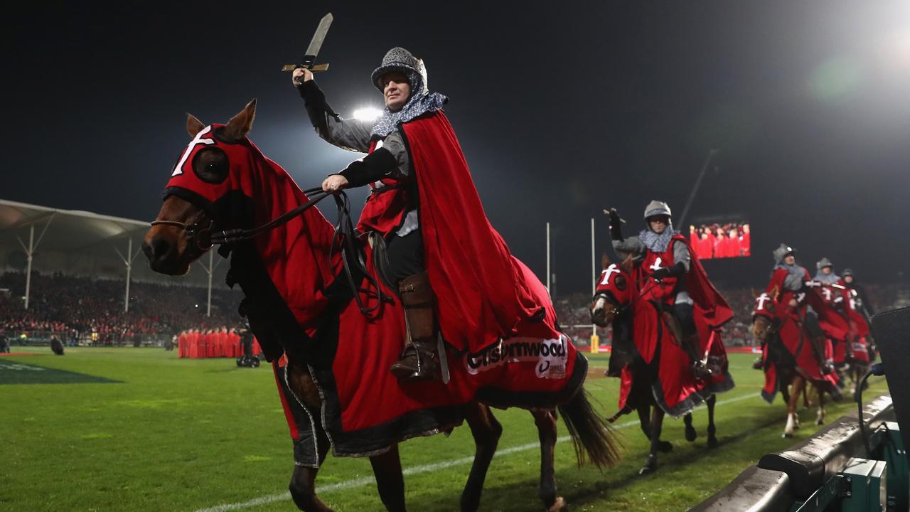 Crusaders pre-match entertainment involves mock swordsmen riding horses.