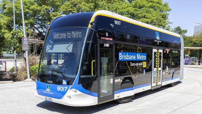 Brisbane residents on board Brisbane Metro. Picture: Richard Walker