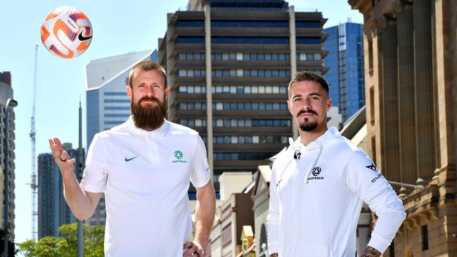 Socceroos pair Andrew Redmayne (left) and Jamie Maclaren are ready for Australia’s two-game series against New Zealand. Picture: NCA NewsWire / John Gass