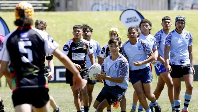 Tirrowi Golding -Lyons for NSW Indigenous. U16 Boys Mediterranean v NSW Indigenous. before their game. Harmony Nines Rugby League. Picture: John Appleyard