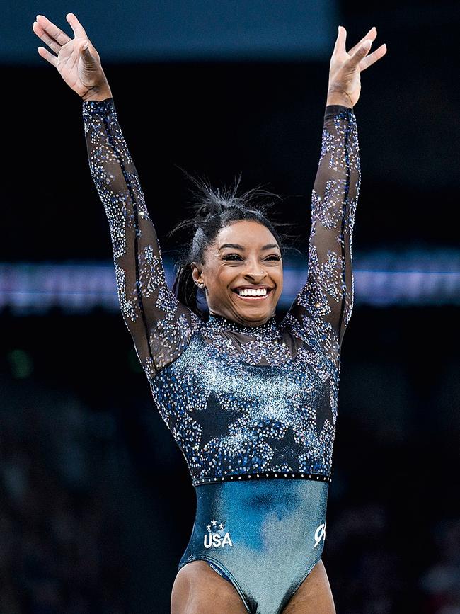 Simone Biles from Team United States reacts after her exercise on the balance beam during day two of the Olympic Games Paris 2024. Picture: Tom Weller/VOIGT/GettyImages