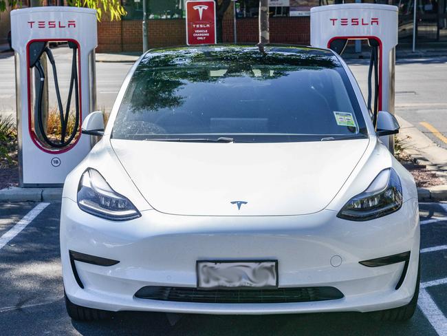 ADELAIDE, AUSTRALIA - NewsWire Photos MARCH 25, 2022: Tesla Supercharger charging station in Franklin St, Adelaide. Picture: NCA NewsWire / Brenton Edwards
