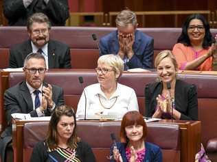 APPLAUSE: Australian Greens Senators react after the passing of the Medivac Bill in the Senate chamber at Parliament House in Canberra, on Wednesday. Picture: AAP/LUKAS COCH