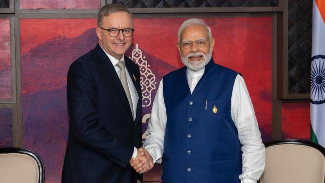 Anthony Albanese with Indian Prime Minister Narendra Modi at the G20 summit in Bali in November 2022. Picture: Twitter / Anthony Albanese / PMO