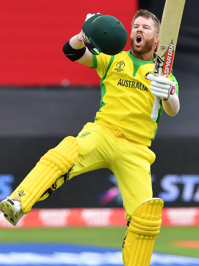 Warner celebrates after scoring a century against Pakistan. Picture: AFP