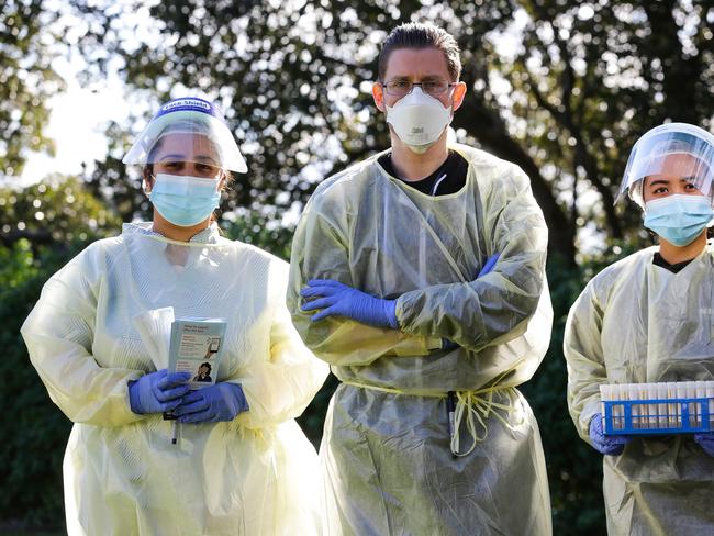 SYDNEY, AUSTRALIA - AUGUST 25, 2020: Nurse Eva Niraula, Doctor Michael Gathy and Nurse Mia Cruz at the Bestic Street Covid Testing Clinic in Rockdale in Sydney Australia, on AUGUST 25 2020. Picture: NCA NewsWire / Gaye Gerard