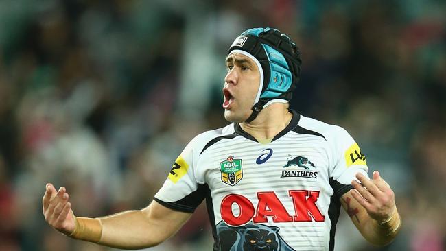 Jamie Soward celebrates after kicking the winning field goal against the Sydney Roosters in week one of the 2014 finals series. Picture: Mark Kolbe/Getty