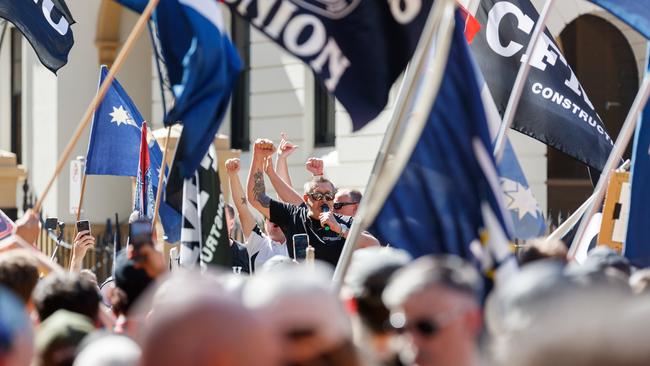 Tradies at the rally said they had no plans to get back on their job sites on Tuesday. Picture: Max Mason-Hubers