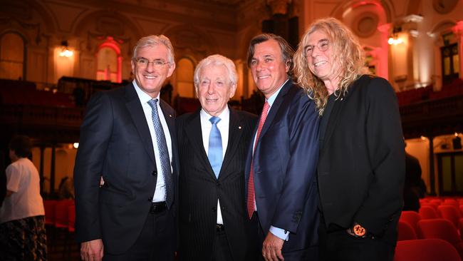 Westfield chairman and founder Sir Frank Lowy (second left) with his sons (L-R) Steven, Peter and David. Picture: AAP