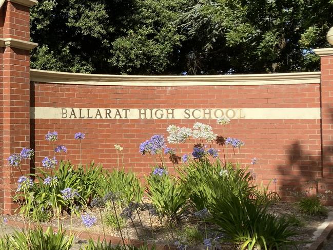 Ribbons have been tied to the front gates of Ballarat High School after a senior music teacher was stood down and charged with a range of alleged child sexual offences. Picture: Supplied