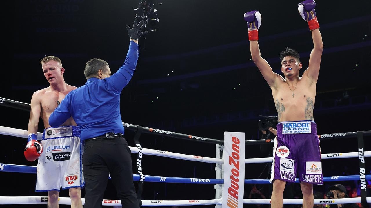 Liam Wilson looks shattered as Emanuel Navarrete wins the WBO super featherweight title fight. (Photo by Mikey Williams/Top Rank Inc via Getty Images)