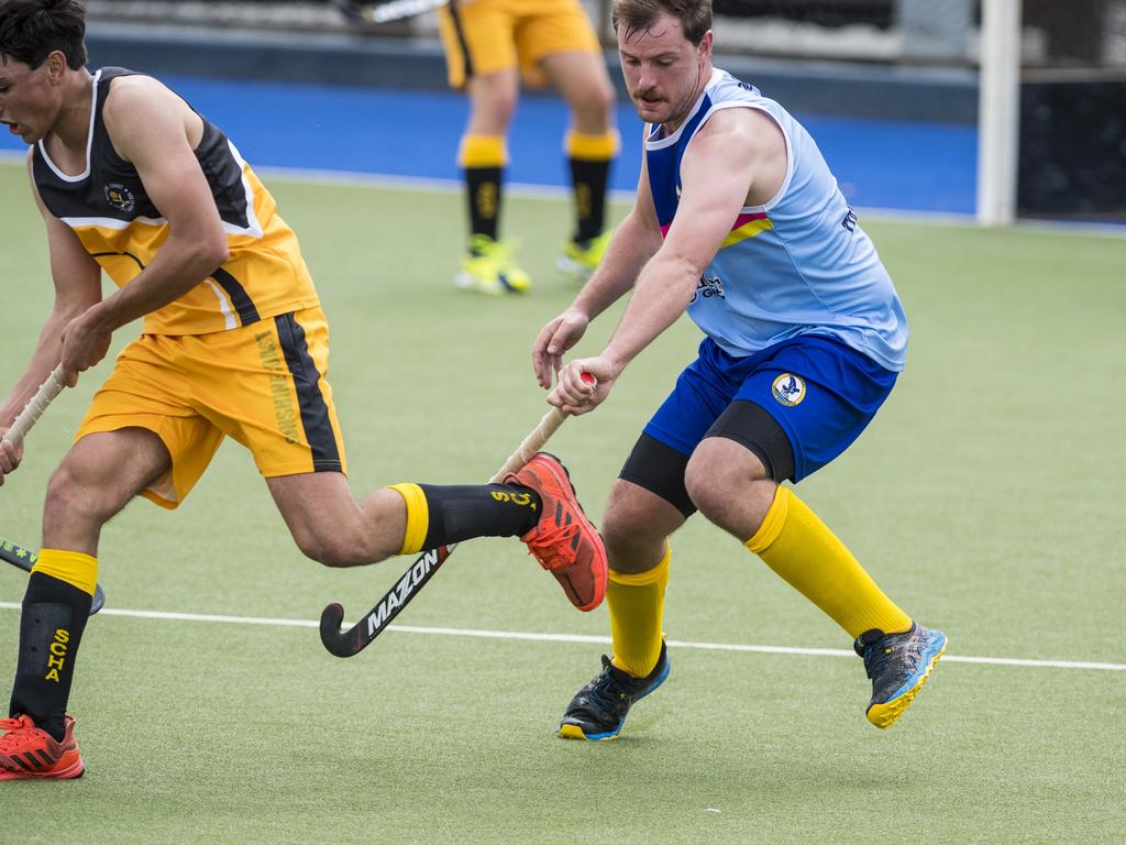 Michael Boyd of Toowoomba 1 against Sunshine Coast in Hockey Queensland Championships at Clyde Park, Sunday, May 2, 2021. Picture: Kevin Farmer