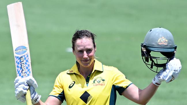 BRISBANE, AUSTRALIA - DECEMBER 08: Ellyse Perry of Australia celebrates after scoring a century during game two of the Women's One Day International Series between Australia and India at Allan Border Field on December 08, 2024 in Brisbane, Australia. (Photo by Bradley Kanaris/Getty Images)