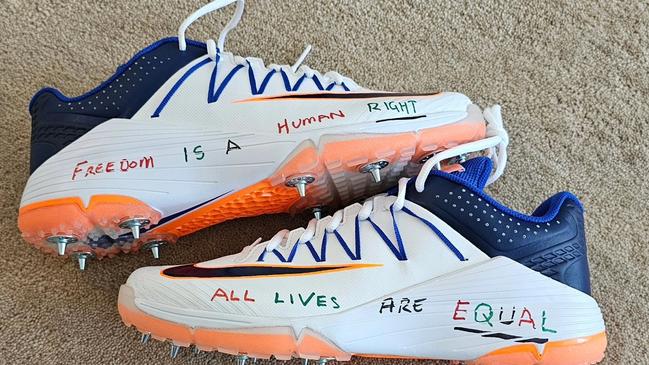 Usman Khawaja's boots with the message ‘Freedom is a human right’ and ‘All lives are equal’ in an image posted to social media. Picture: X / @Uz_Khawaja