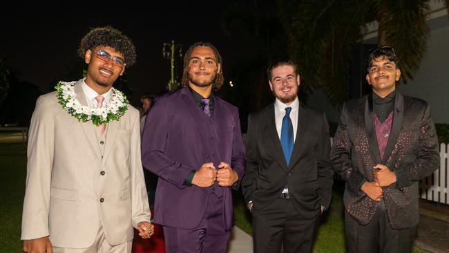 Sam Saniu, Joseph Penola, Cohen Edwards and Jai Dhanu at Mackay State High School formal 2022.Picture: Michaela Harlow