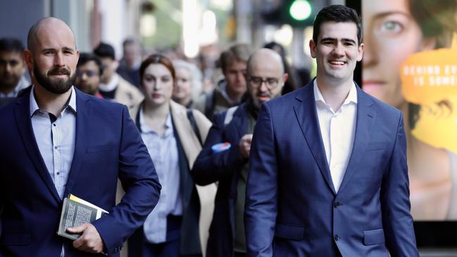 Jacob Hersant, right, and Thomas Sewell arrive at Melbourne Magistrates Court in 2023. Picture: David Geraghty