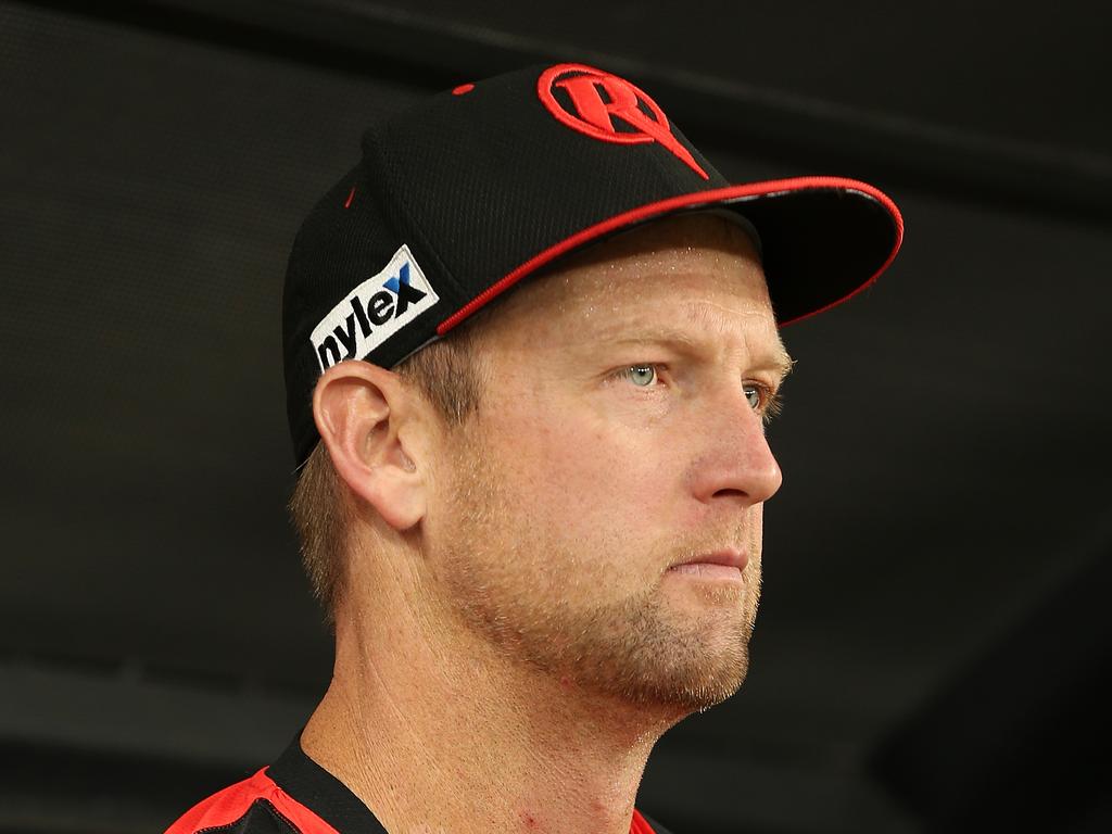 PERTH, AUSTRALIA - JANUARY 28: Cameron White of the Renegades looks on from the bench after retiring hurt during the Big Bash League match between the Perth Scorchers and the Melbourne Renegades at Optus Stadium on January 28, 2019 in Perth, Australia. (Photo by Paul Kane/Getty Images)