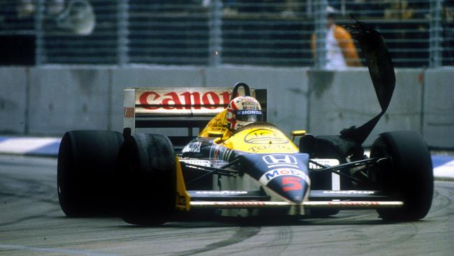 Nigel Mansell’s 1986 Formula One title hopes were dashed by a blown tyre on the straight at the Australian Grand Prix, forcing him out of the race. Picture: Rick Liebling