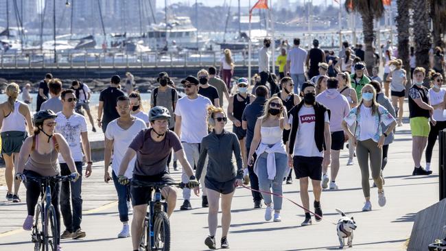 Crowds at St Kilda beach on Sunday afternoon. Picture: David Geraghty