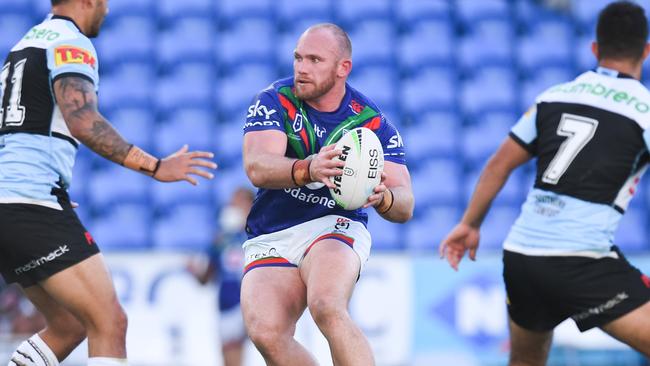 Matthew Lodge in action against the Cronulla Sharks. Picture: NRL PhotosS