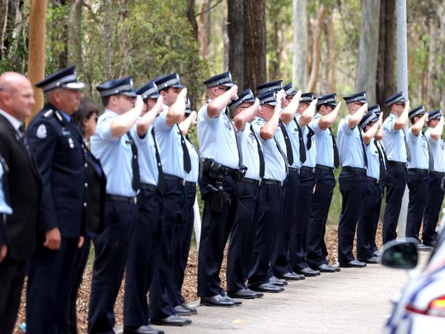 The guard of honour at the memorial service with full police honours for constables Rachel McCrow and Matthew Arnold at Brisbane Entertainment Centre. Picture: Steve Pohlner