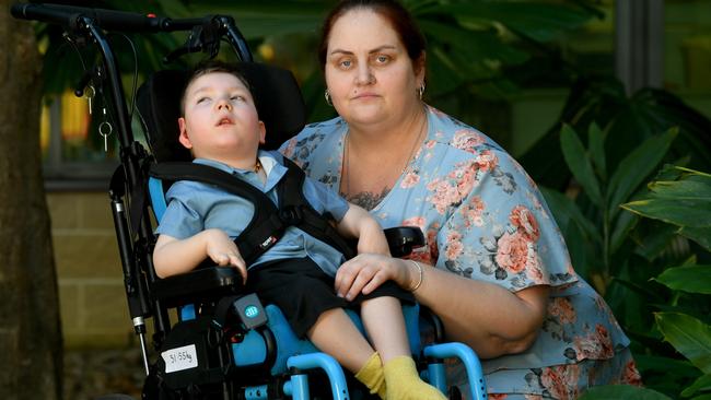 Tia Wall with Ayden, 5, at Townsville University Hospital. Picture: Evan Morgan