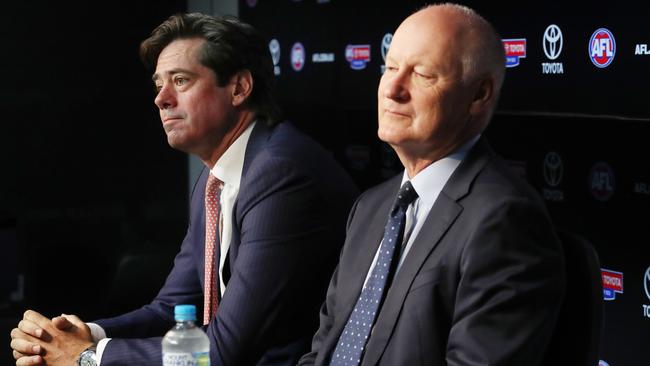 Departing AFL CEO Gillion McLachlan with Richard Goyder. Picture: David Crosling